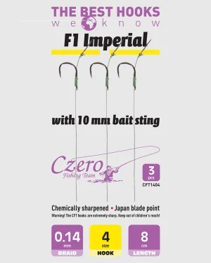 F1 Imperial 4-es horog, 10 mm csalitüske, 0,14 előkén, 8 cm hosszú. 3 db/csomag.