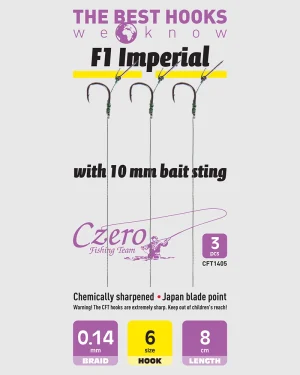 F1 Imperial 6-os horog, 10 mm csalitüske, 0,14 előkén, 8 cm hosszú. 3 db/csomag.