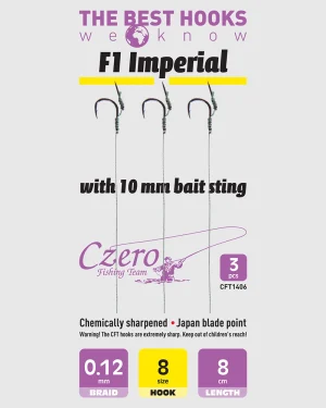 F1 Imperial 8-as horog, 10 mm csalitüske, 0,12 előkén, 8 cm hosszú. 3 db/csomag.