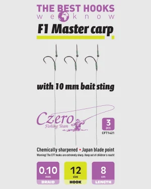 F1 Master carp 12-es horog, 10 mm csalitüske, 0,10 előkén, 8 cm hosszú. 3 db/csomag.