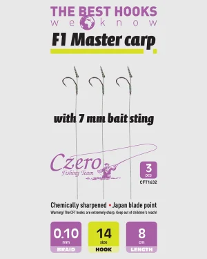 F1 Master carp 14-es horog, 10 mm csalitüske, 0,10 előkén, 8 cm hosszú. 3 db/csomag.