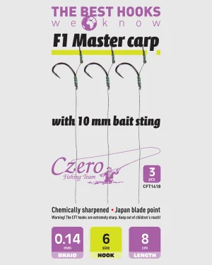 F1 Master carp 6-os horog, 10 mm csalitüske, 0,14 előkén, 8 cm hosszú. 3 db/csomag.