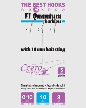 F1 Quantum barbless 10-es horog, 10 mm csalitüske, 0,10 előkén, 8 cm hosszú. 3 db/csomag.