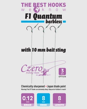 F1 Quantum barbless 8-as horog, 10 mm csalitüske, 0,12 előkén, 8 cm hosszú. 3 db/csomag.