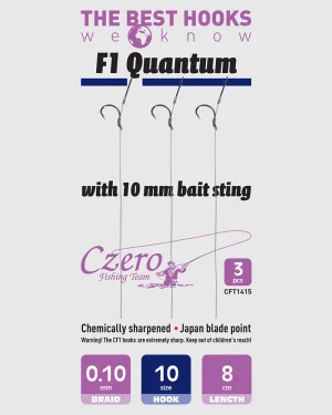 F1 Quantum 10-es horog, 10 mm csalitüske, 0,10 előkén, 8 cm hosszú. 3 db/csomag.