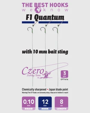 F1 Quantum 12-es horog, 10 mm csalitüske, 0,10 előkén, 8 cm hosszú. 3 db/csomag.