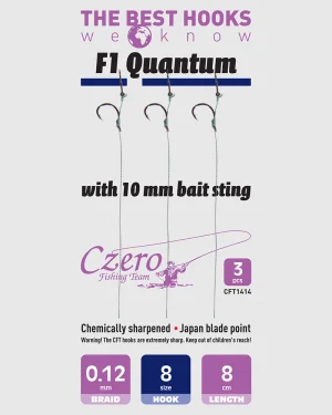 F1 Quantum 8-as horog, 10 mm csalitüske, 0,12 előkén, 8 cm hosszú. 3 db/csomag.