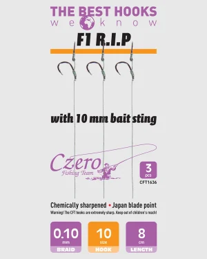 F1 R.I.P. 10-es horog, 10 mm csalitüske, 0,10 előkén, 8 cm hosszú. 3 db/csomag.