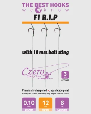 F1 R.I.P. 12-es horog, 10 mm csalitüske, 0,10 előkén, 8 cm hosszú. 3 db/csomag.