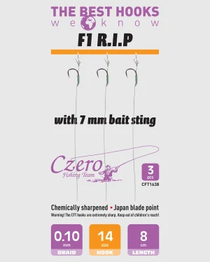 F1 R.I.P. 14-es horog, 10 mm csalitüske, 0,10 előkén, 8 cm hosszú. 3 db/csomag.