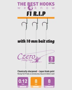 F1 R.I.P. 8-as horog, 10 mm csalitüske, 0,12 előkén, 8 cm hosszú. 3 db/csomag.